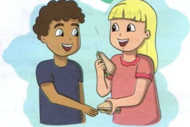 A girl sharing her sandwich with a boy
